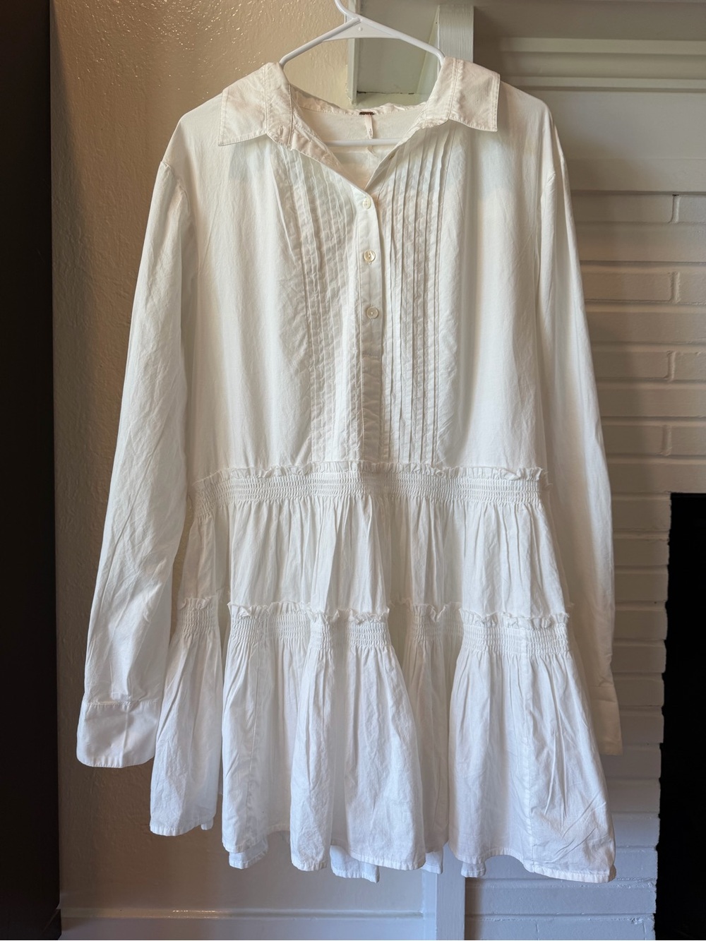 Free People Optic White Pintuck Smocked Tiered Shirt Dress S NWT